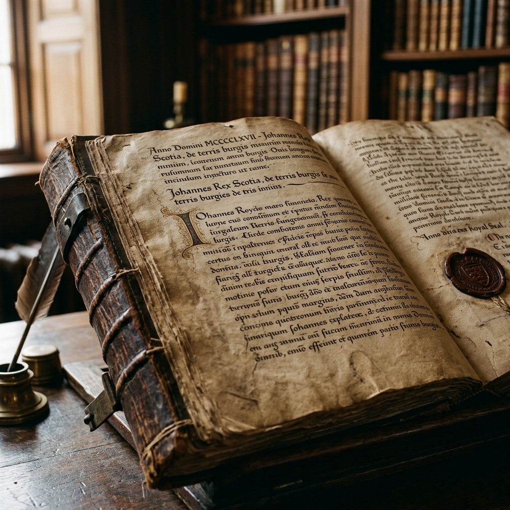 Aged manuscript and royal register details